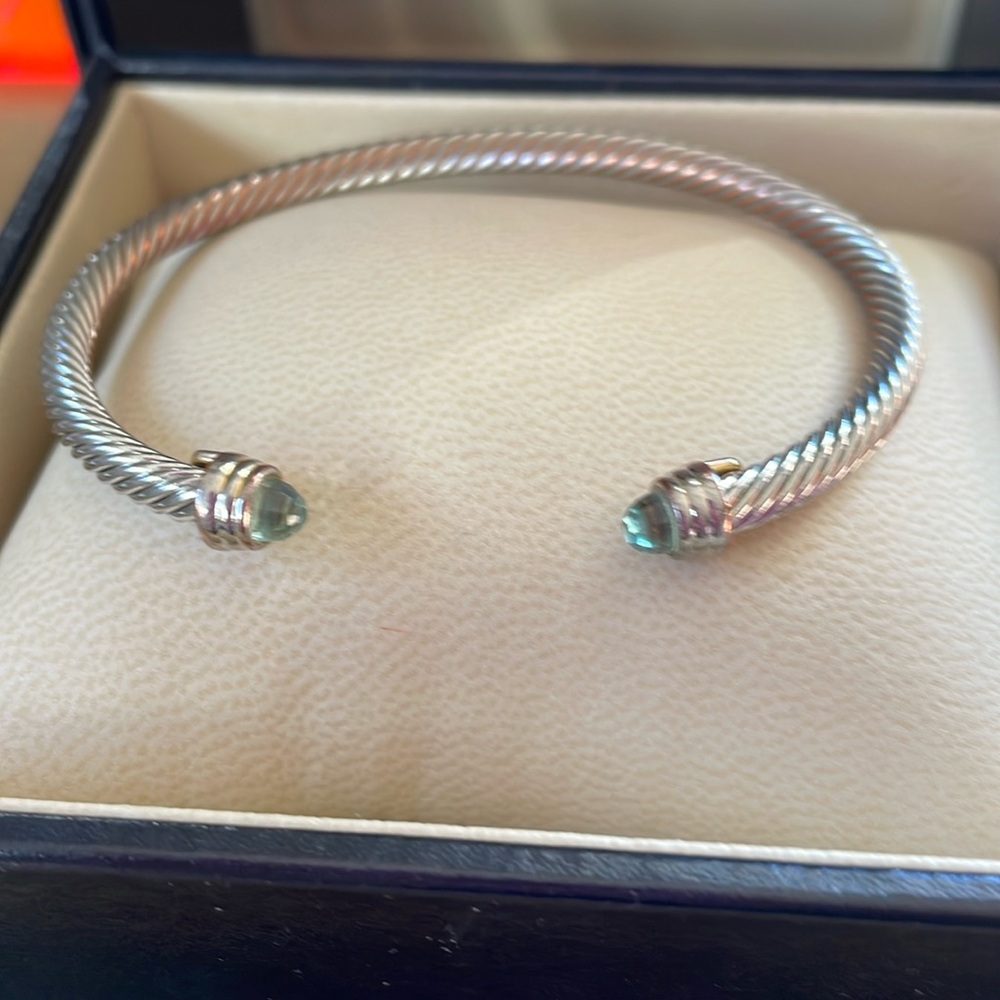 DY Style corded sterling silver cuff bracelet with gold ends & Aquamarine